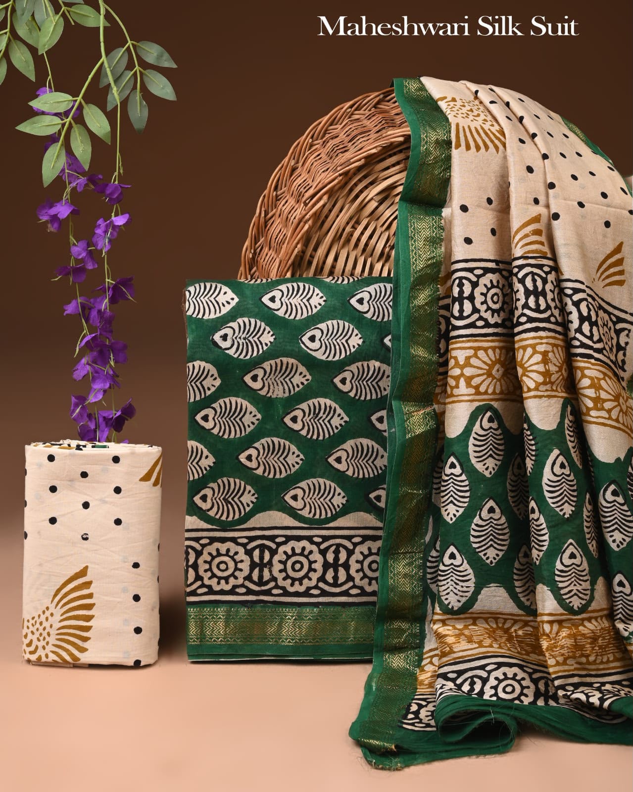 Premium Designer Handblock Printed Maheshwari Silk Suit Set