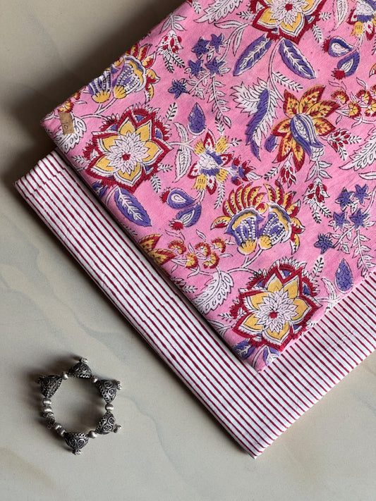 Pure Soft Cotton Handblock Printed 2PC Top-Bottom Suit Set (2.50 Meter Each)
