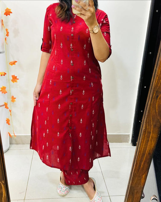 Premium Floral Fine Cotton Printed A-Line Pattern Kurti-Palazzo Set