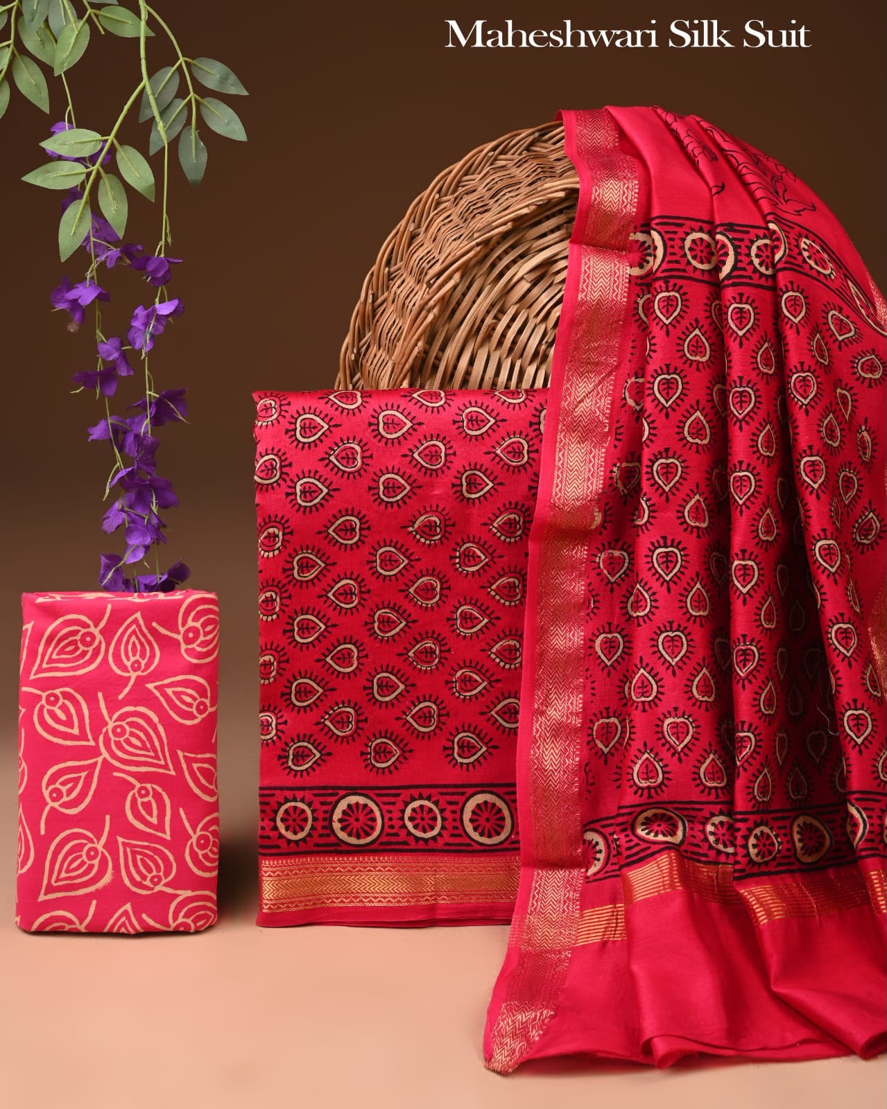 Premium Designer Handblock Printed Maheshwari Silk Suit Set