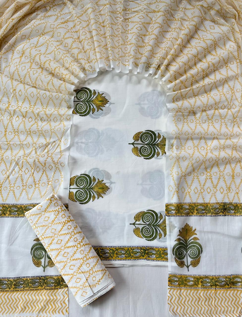 Pure Soft Cotton Hand Block Printed Suit Set With Cotton Dupatta