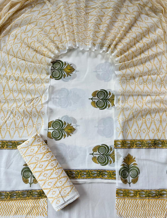 Pure Soft Cotton Hand Block Printed Suit Set With Cotton Dupatta