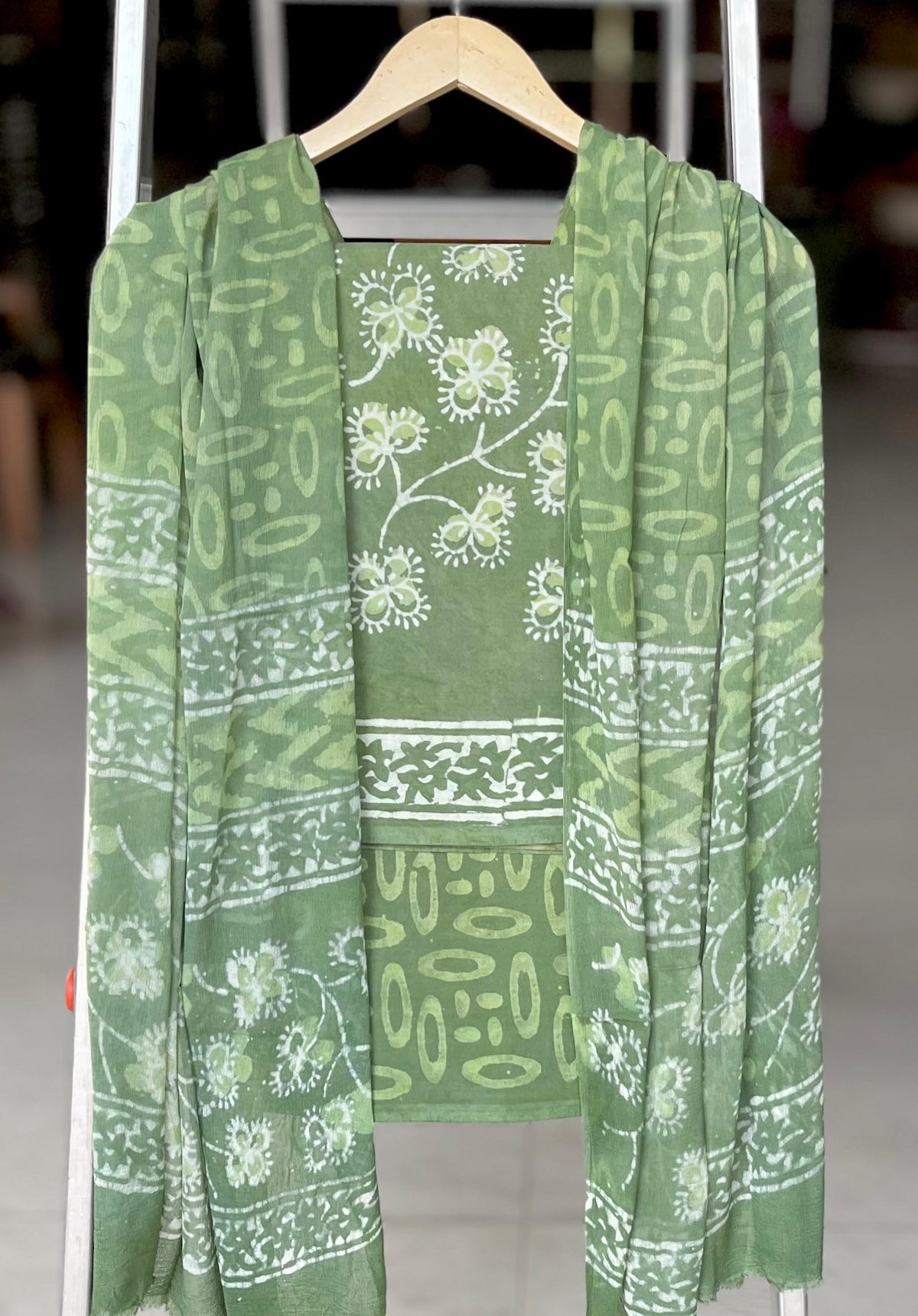 Pure Cotton Hand Block Printed Suit Set With Chiffon Dupatta