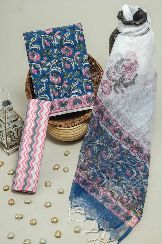 Pure Cotton Hand Block Printed Suit Set With Kota Doria Dupatta