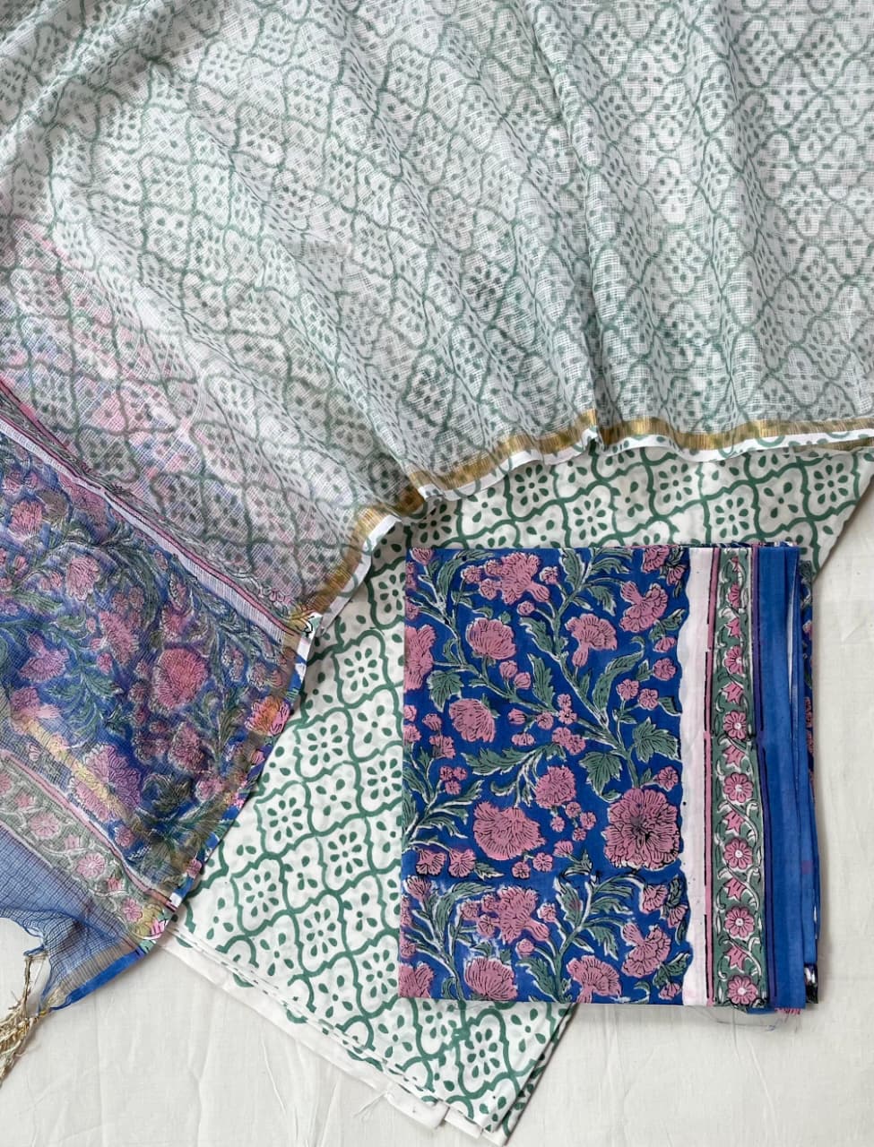 Pure Cotton Hand Block Printed Suit Set With Kota Doria Dupatta