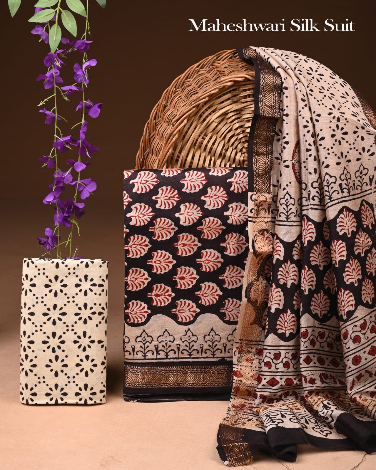 Premium Designer Handblock Printed Maheshwari Silk Suit Set