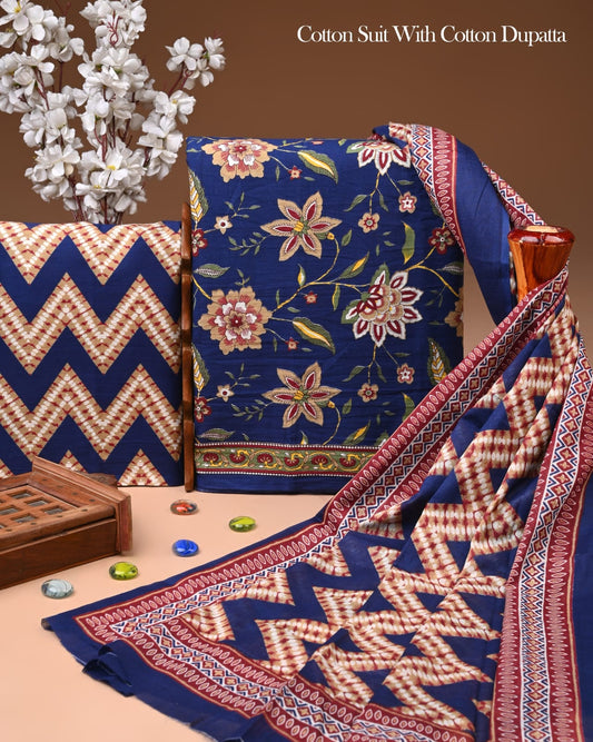 Designer Hand Block Printed Cotton Suit Set With Cotton Dupatta