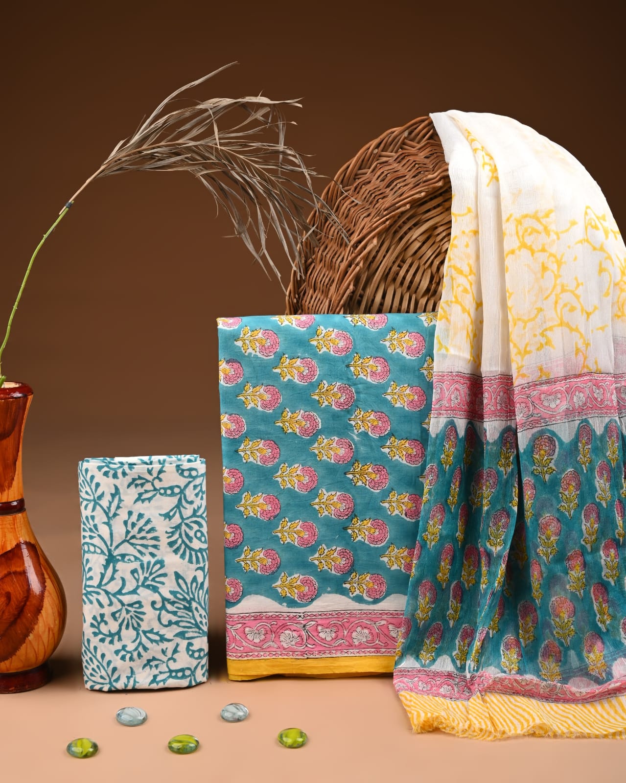 Pure Cotton Hand Block Printed Suit Set With Chiffon Dupatta