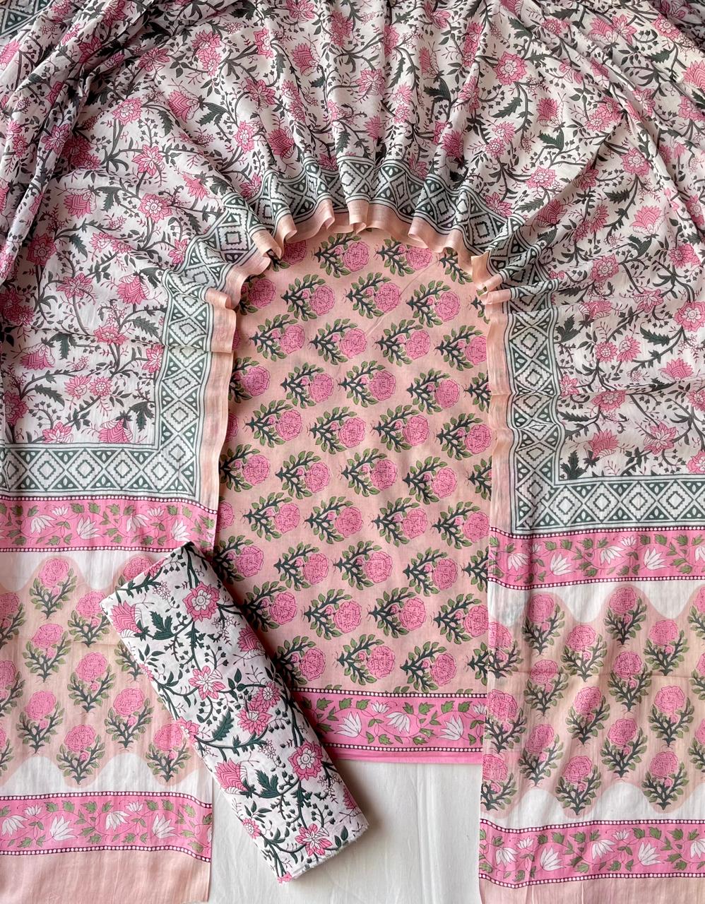 Pure Soft Cotton Hand Block Printed Suit Set With Cotton Dupatta