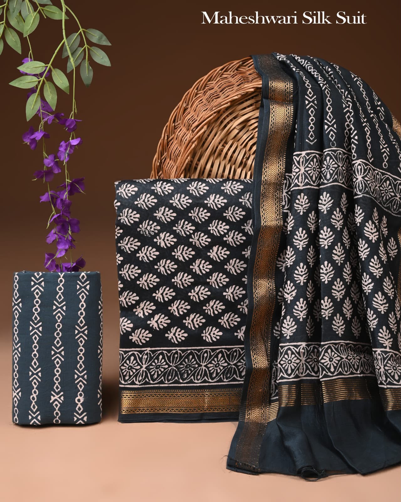 Premium Designer Handblock Printed Maheshwari Silk Suit Set