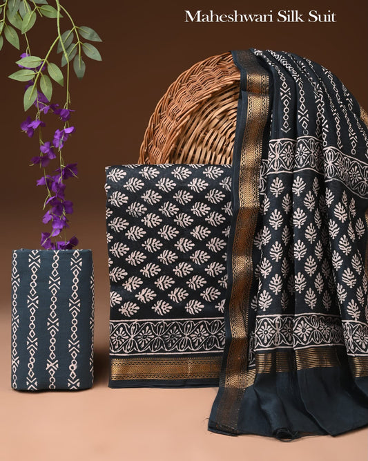 Premium Designer Handblock Printed Maheshwari Silk Suit Set