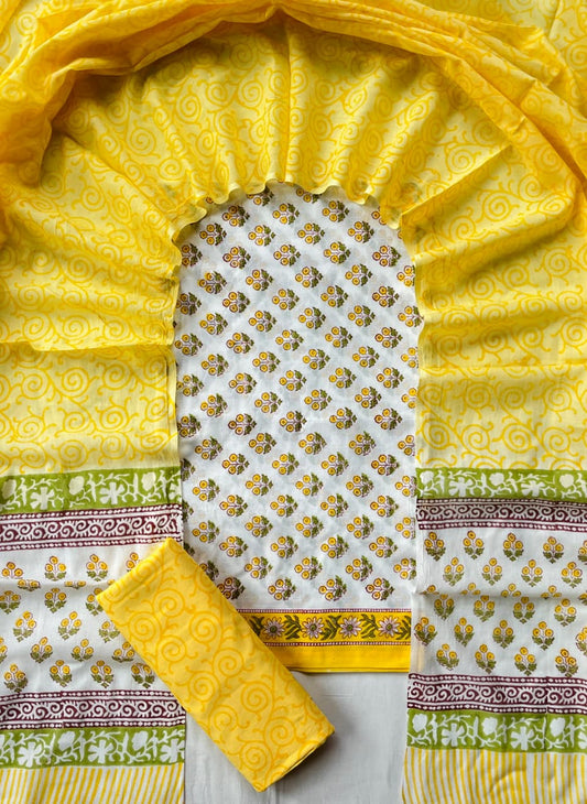 Pure Soft Cotton Hand Block Printed Suit Set With Cotton Dupatta