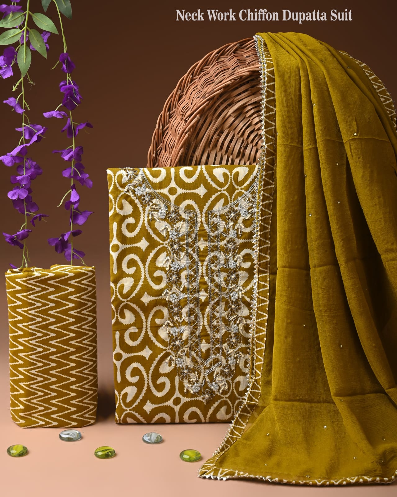 Premium Gota Patti Work Cotton Suit Set With Chiffon Dupatta
