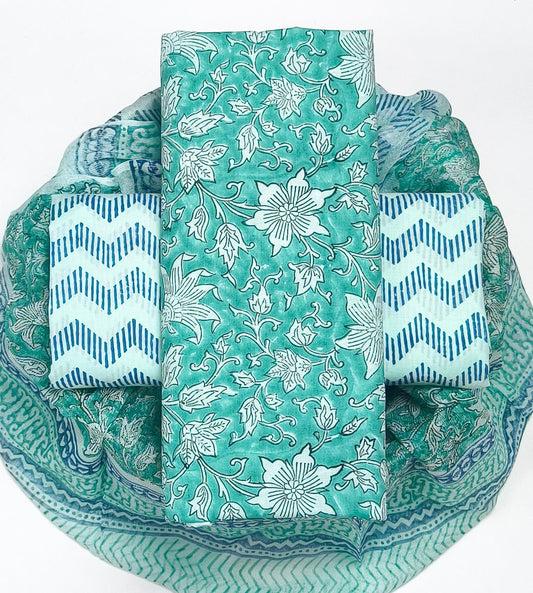 Pure Cotton Hand Block Printed Suit Set With Chiffon Dupatta