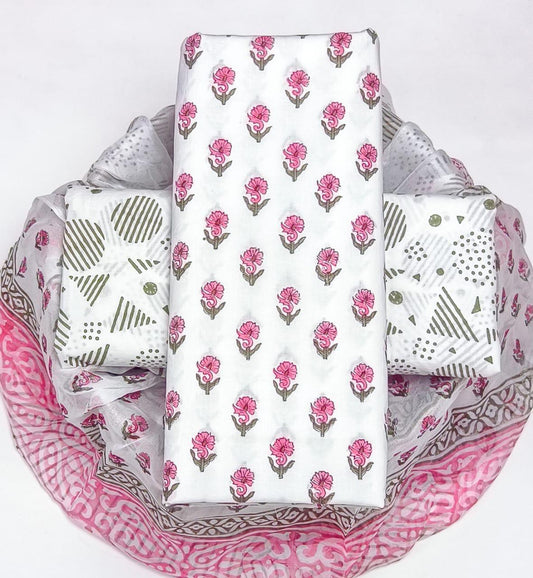 Pure Cotton Hand Block Printed Suit Set With Chiffon Dupatta