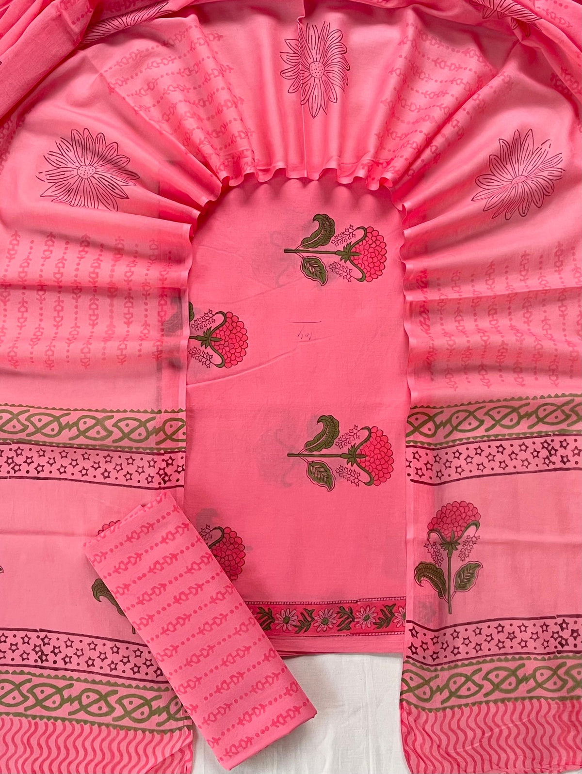 Pure Soft Cotton Hand Block Printed Suit Set With Cotton Dupatta