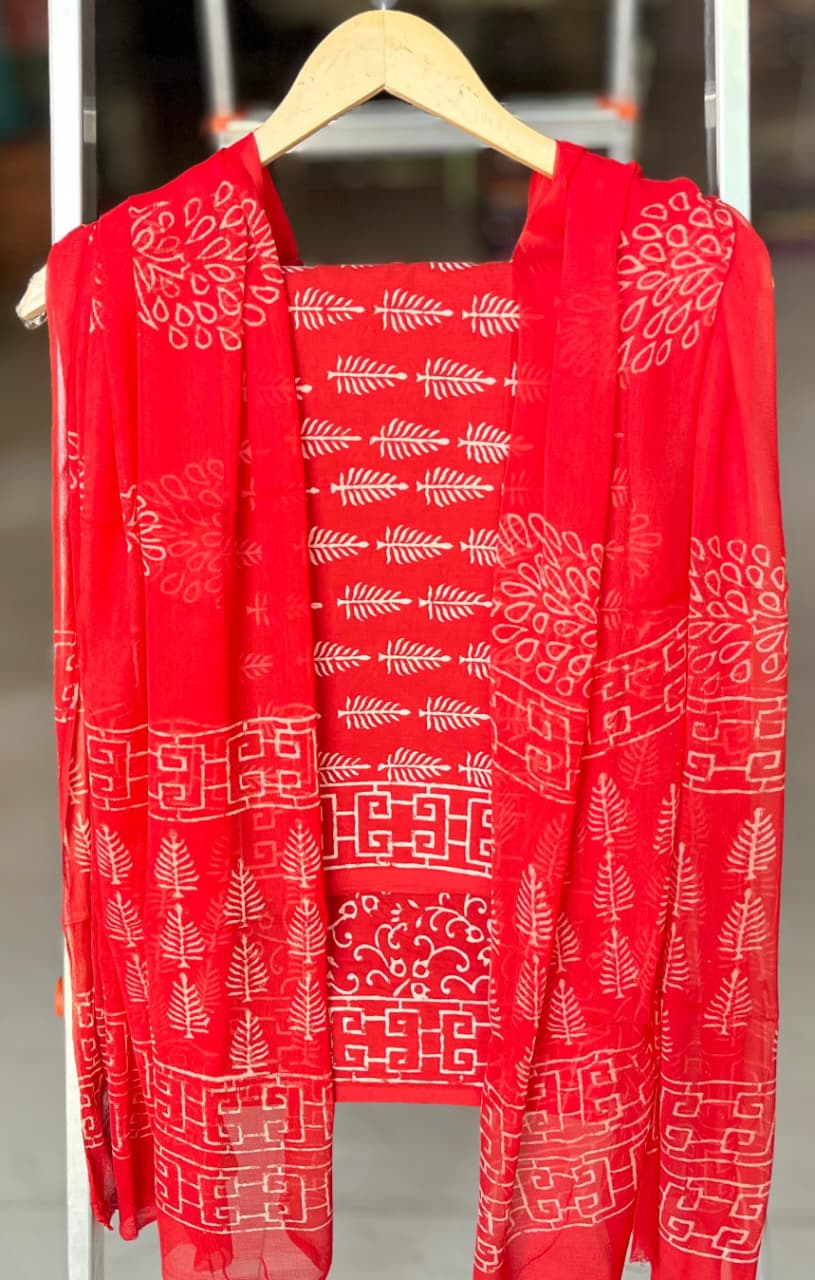 Pure Cotton Hand Block Printed Suit Set With Chiffon Dupatta