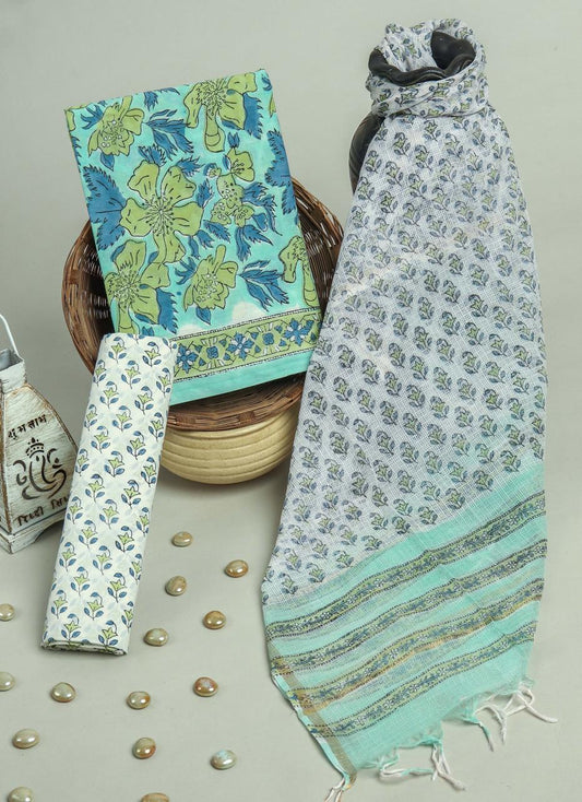 Pure Cotton Hand Block Printed Suit Set With Kota Doria Dupatta