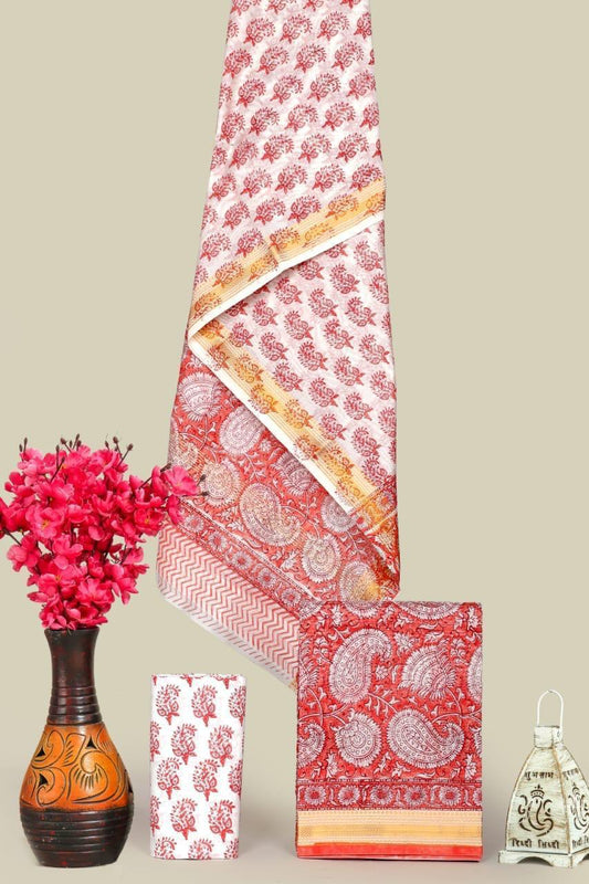 Designer Handblock Printed Maheshwari Silk Suit Set