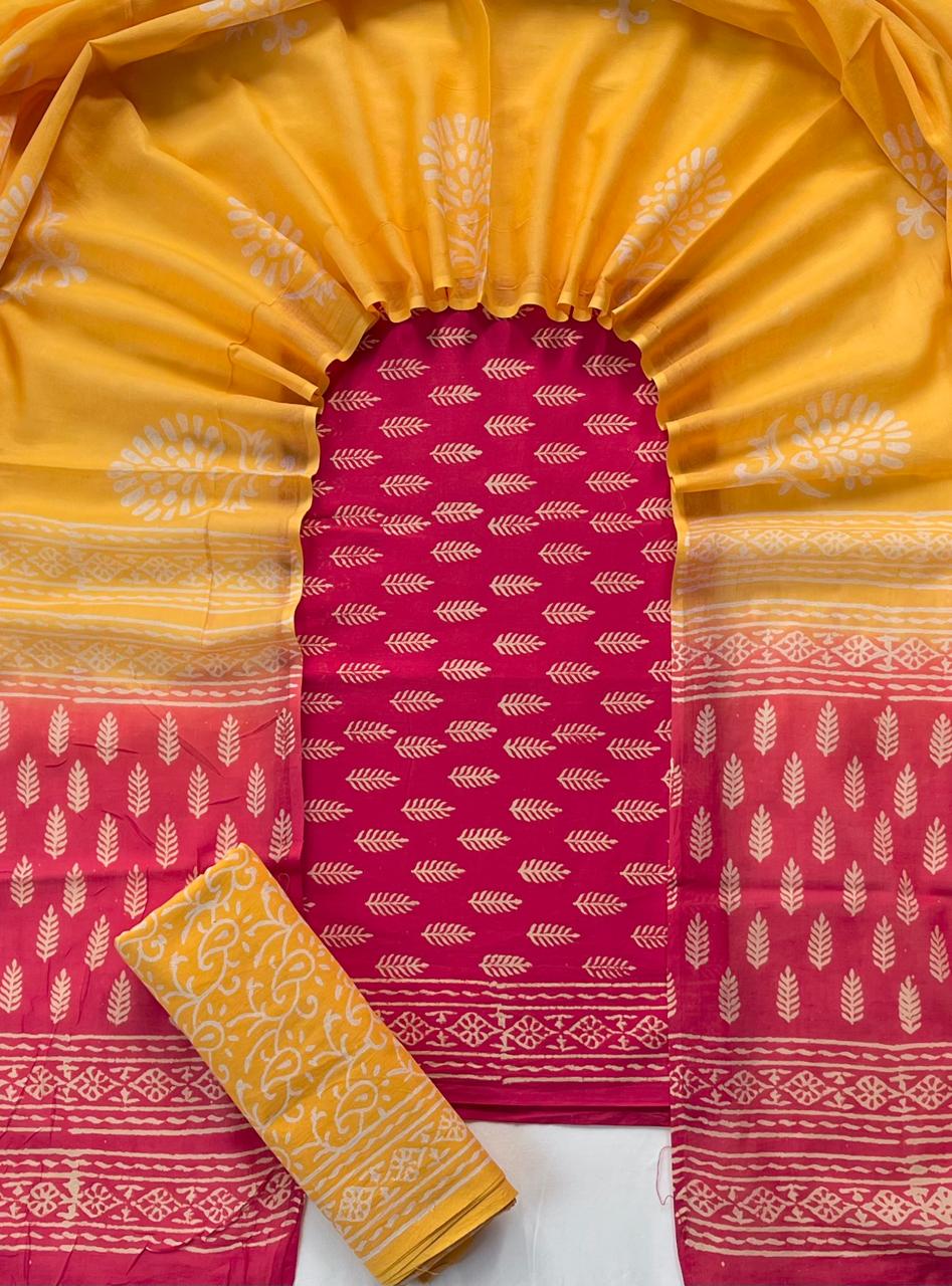 Pure Soft Cotton Hand Block Printed Suit Set With Cotton Dupatta