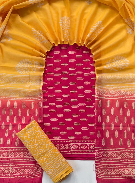 Pure Soft Cotton Hand Block Printed Suit Set With Cotton Dupatta