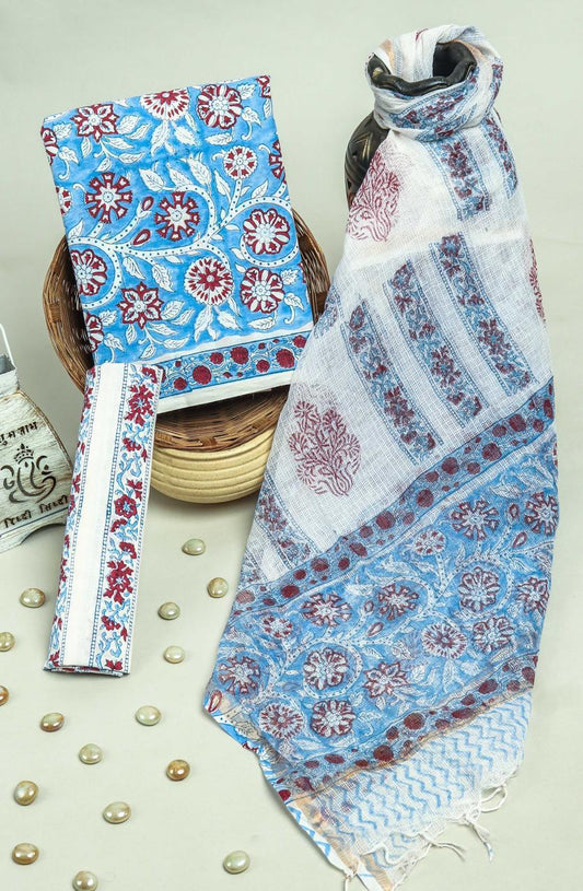 Pure Cotton Hand Block Printed Suit Set With Kota Doria Dupatta