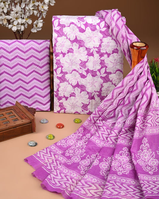 Designer Hand Block Printed Cotton Suit Set With Cotton Dupatta