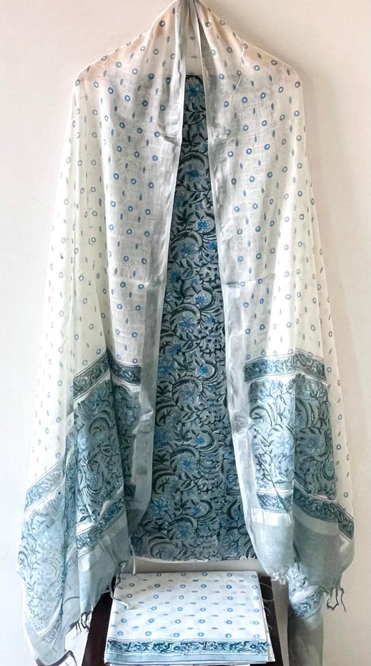Premium Cotton Linen Hand Block Printed Cotton Linen Suit Set