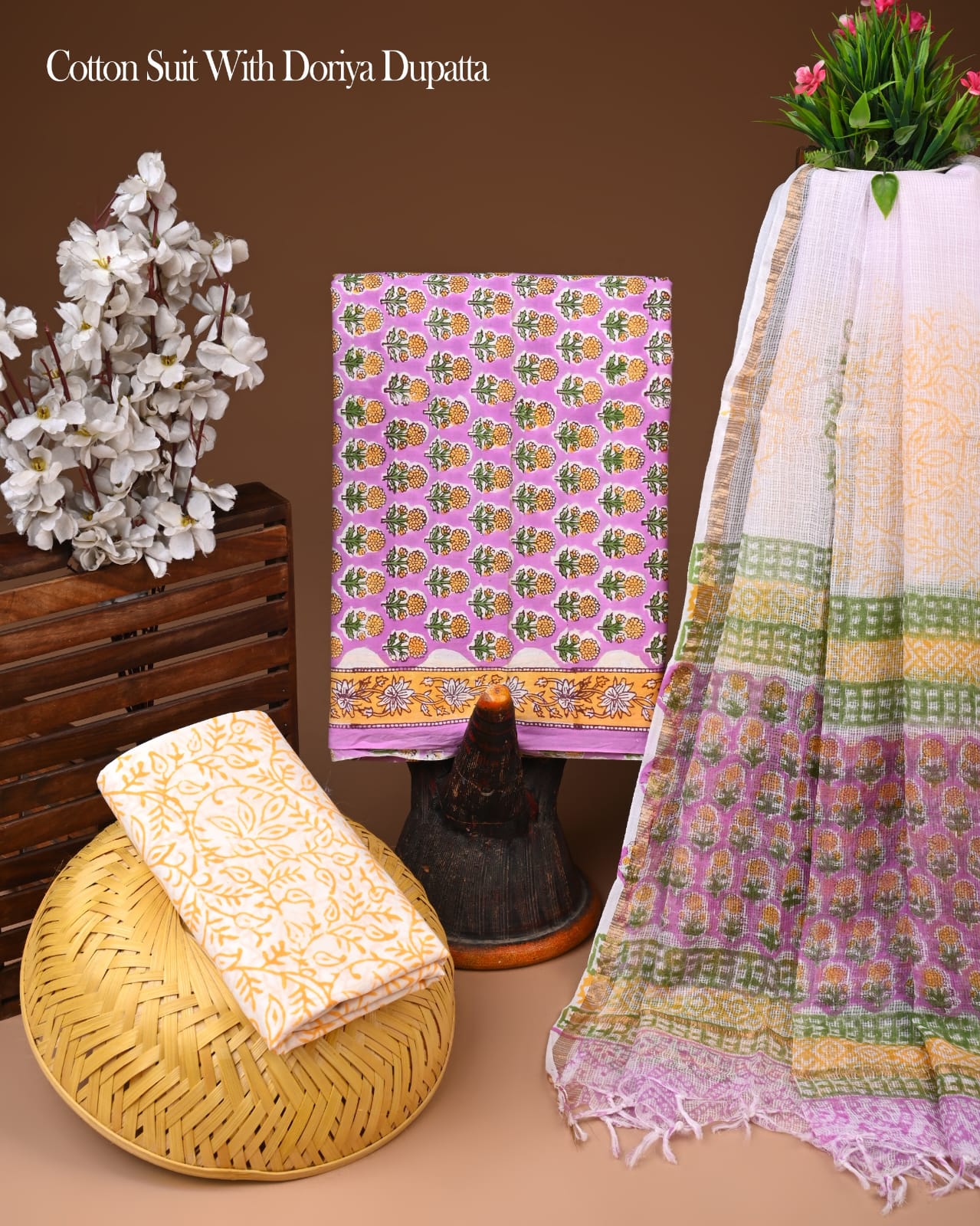 Pure Cotton Hand Block Printed Suit Set With Kota Doria Dupatta