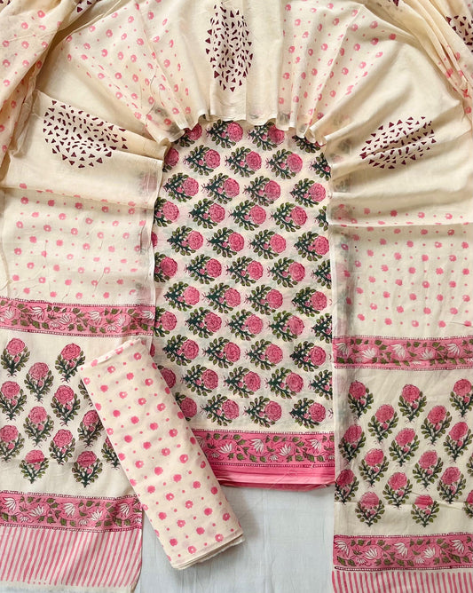 Pure Soft Cotton Hand Block Printed Suit Set With Cotton Dupatta