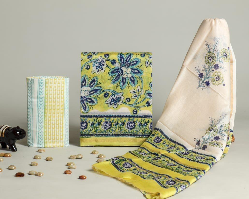 Designer Handblock Printed Chanderi Silk Suit Set