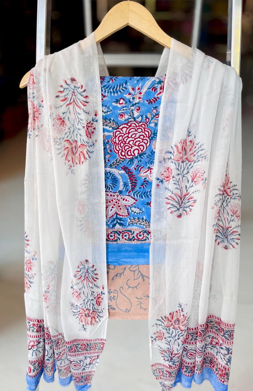 Pure Cotton Hand Block Printed Suit Set With Chiffon Dupatta