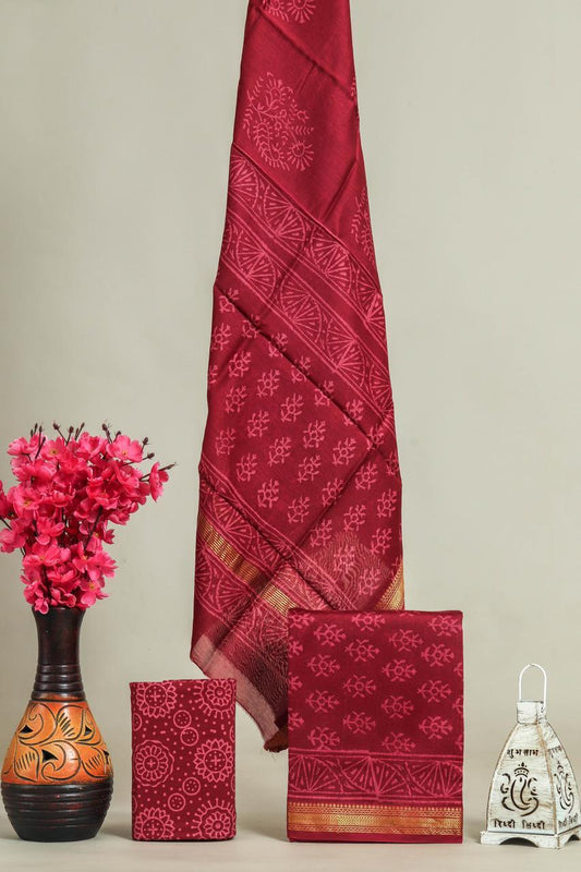 Designer Handblock Printed Maheshwari Silk Suit Set