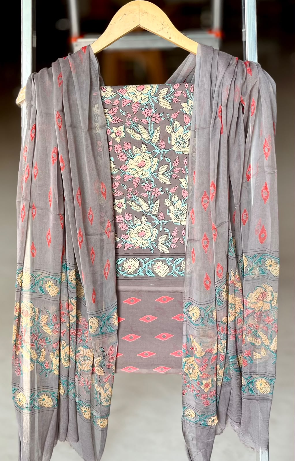 Pure Cotton Hand Block Printed Suit Set With Chiffon Dupatta