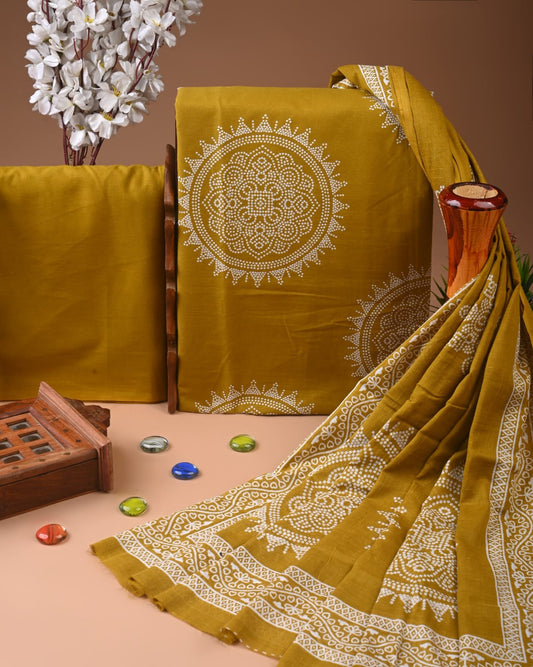 Designer Hand Block Printed Cotton Suit Set With Cotton Dupatta