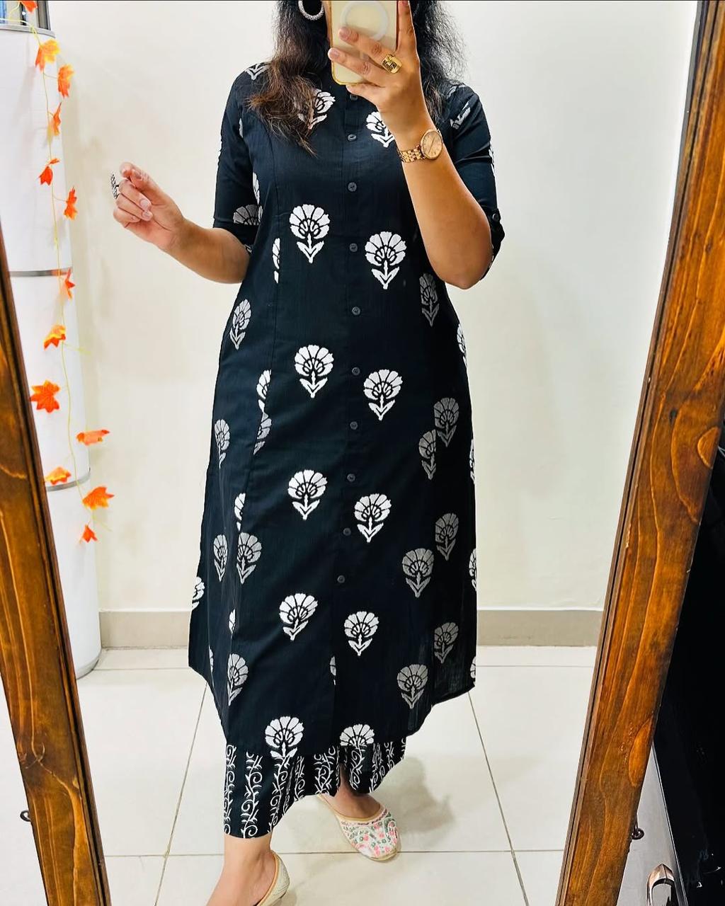 Premium Floral Fine Cotton Printed A-Line Pattern Kurti-Palazzo Set