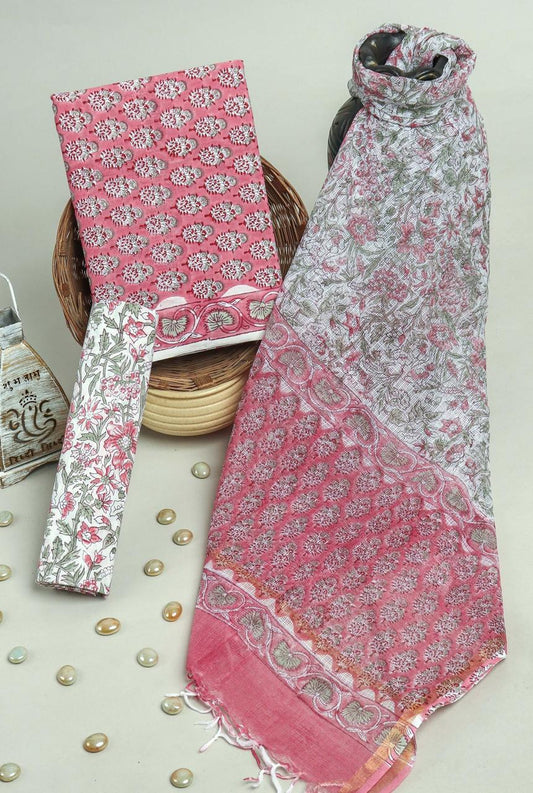Pure Cotton Hand Block Printed Suit Set With Kota Doria Dupatta