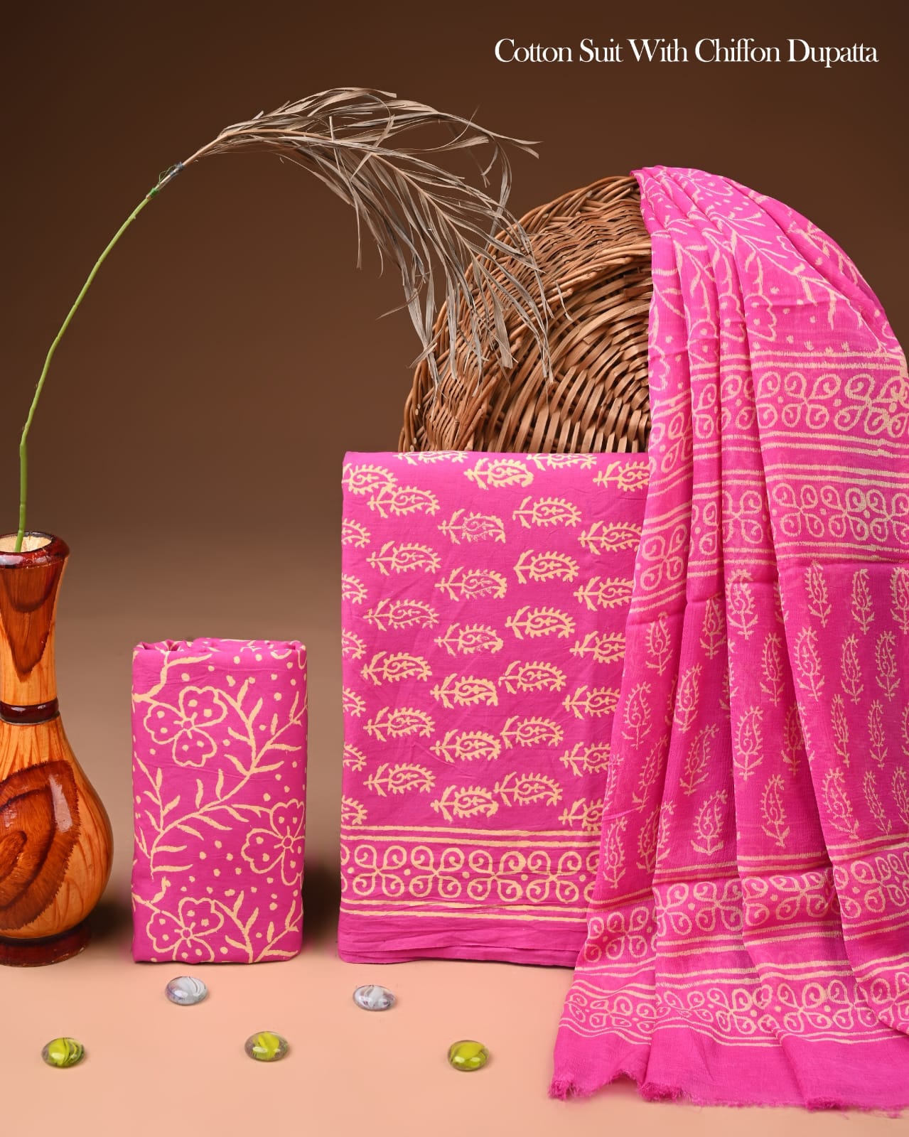 Pure Cotton Hand Block Printed Suit Set With Chiffon Dupatta