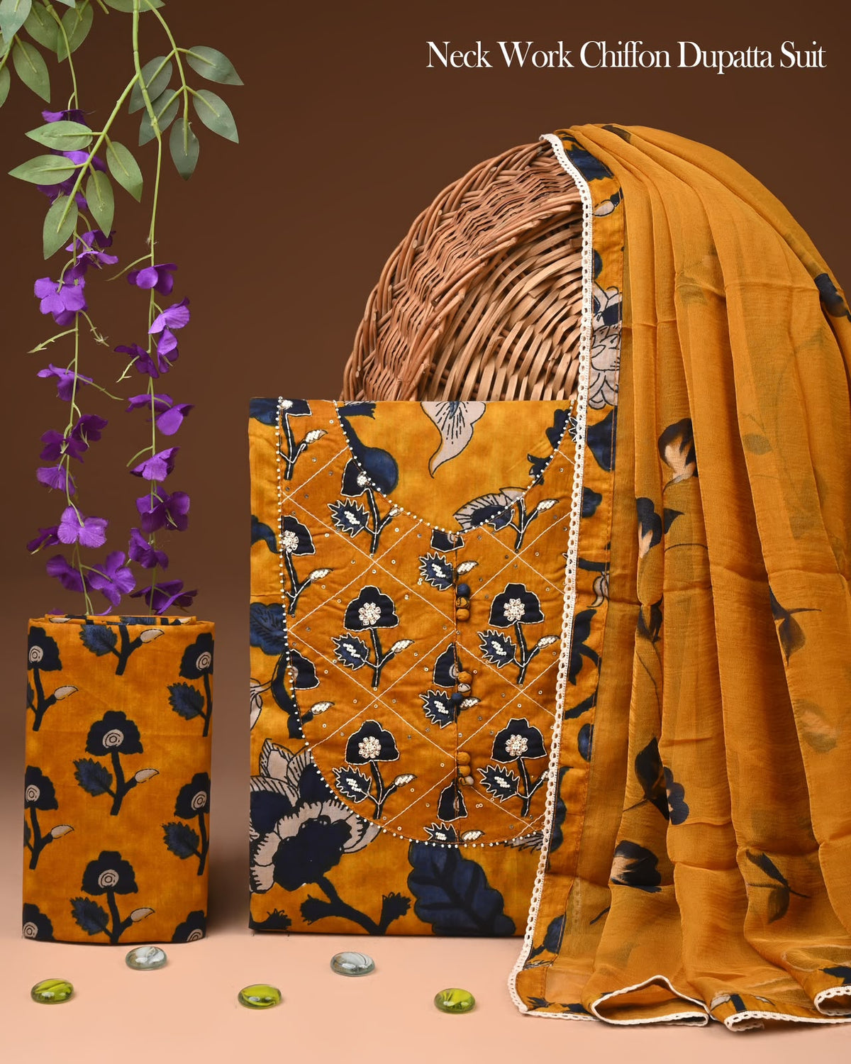 Premium Gota Patti Work Cotton Suit Set With Chiffon Dupatta