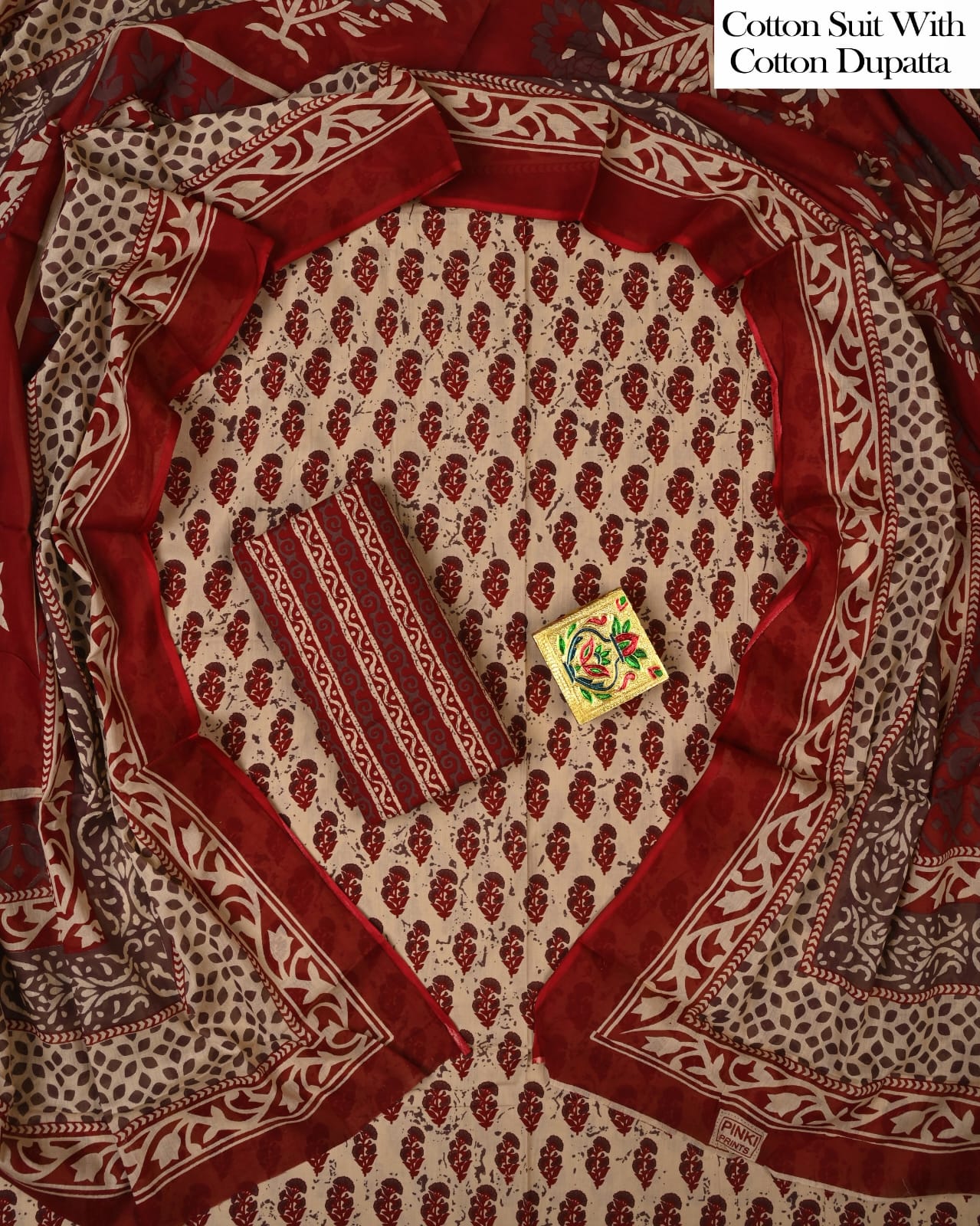 Designer Hand Block Printed Cotton Suit Set With Cotton Dupatta