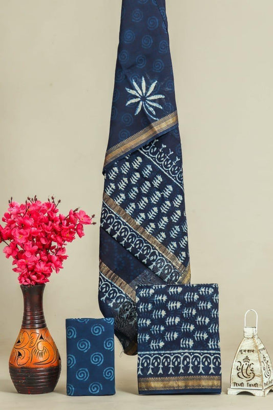 Designer Handblock Printed Maheshwari Silk Suit Set