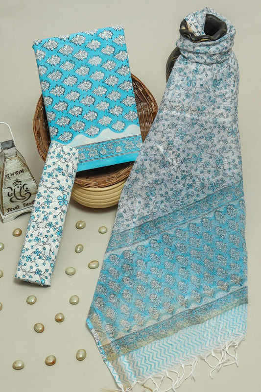 Pure Cotton Hand Block Printed Suit Set With Kota Doria Dupatta