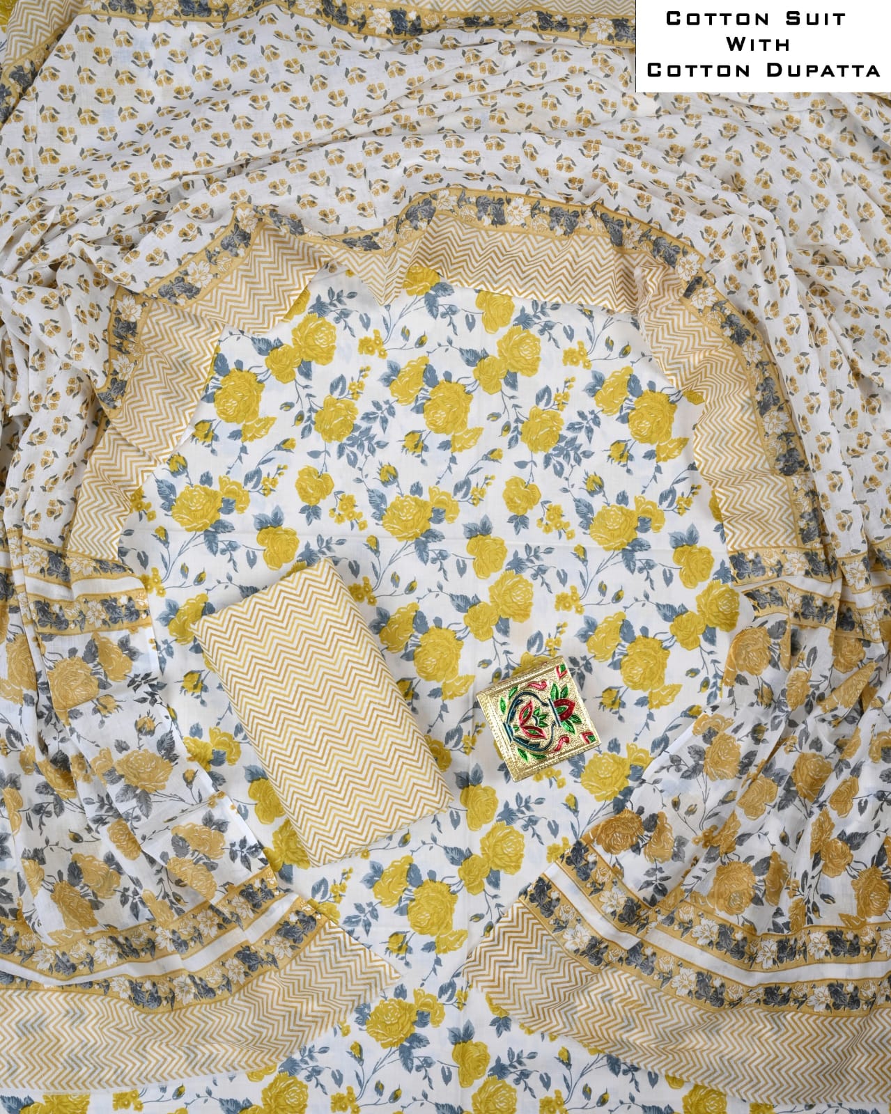 Designer Hand Block Printed Cotton Suit Set With Cotton Dupatta