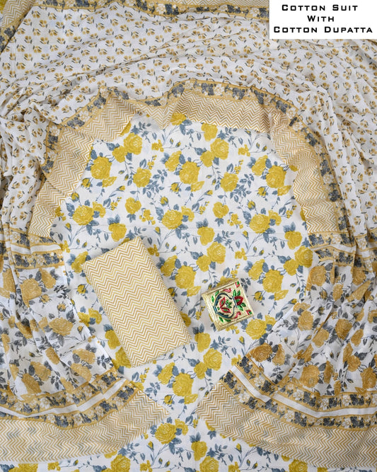 Designer Hand Block Printed Cotton Suit Set With Cotton Dupatta