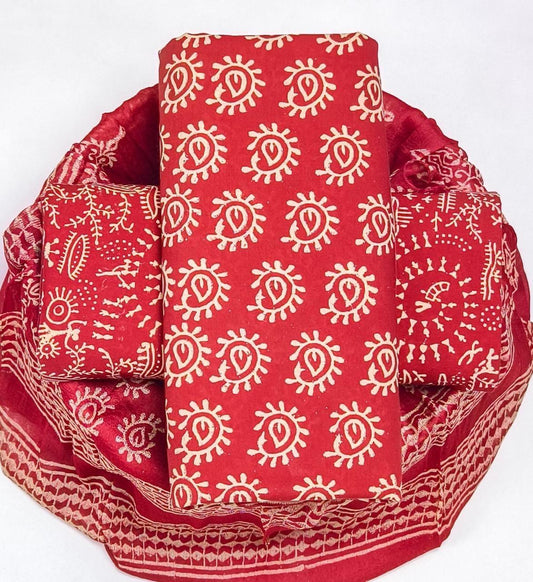 Pure Cotton Hand Block Printed Suit Set With Chiffon Dupatta