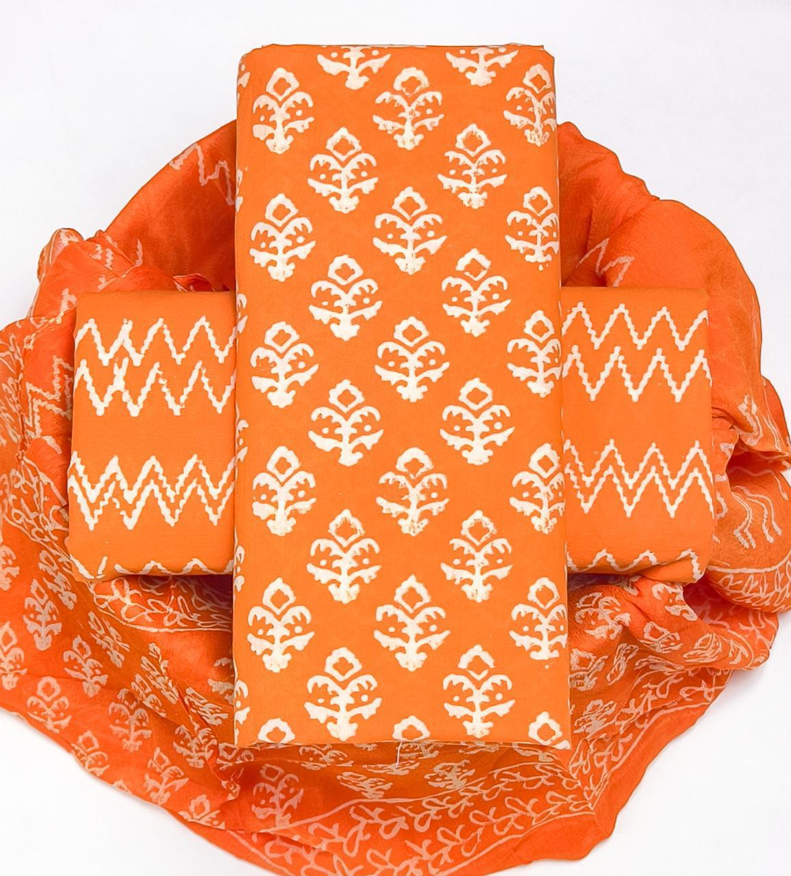 Pure Cotton Hand Block Printed Suit Set With Chiffon Dupatta