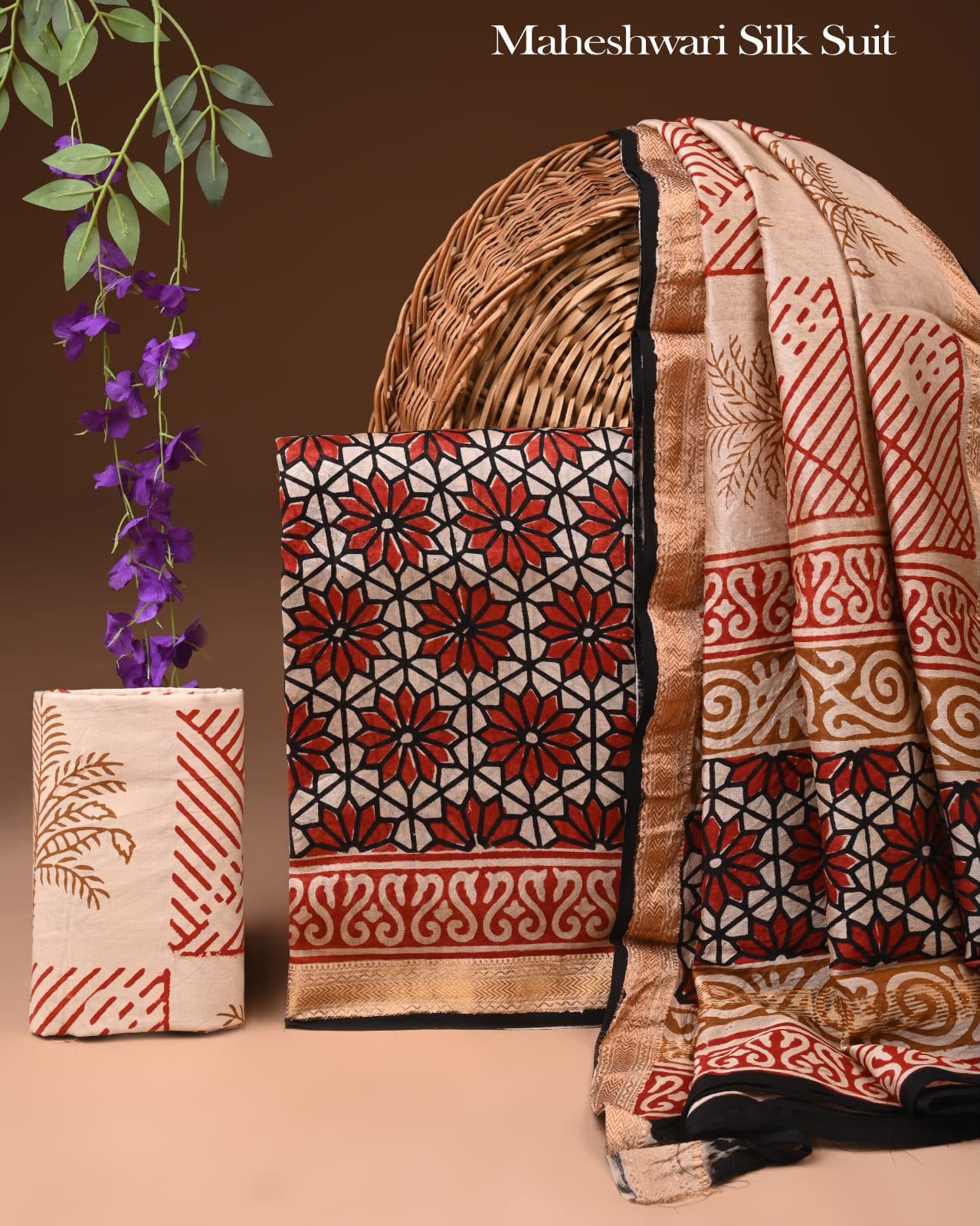 Premium Designer Handblock Printed Maheshwari Silk Suit Set