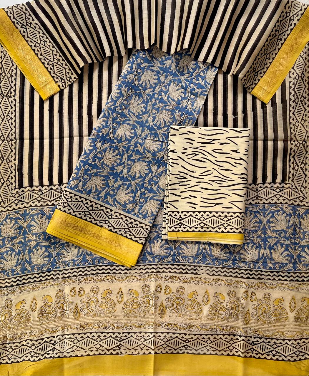 Premium Designer Handblock Printed Maheshwari Silk Suit Set