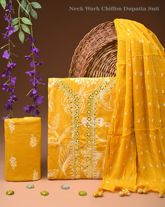 Premium Gota Patti Work Cotton Suit Set With Chiffon Dupatta