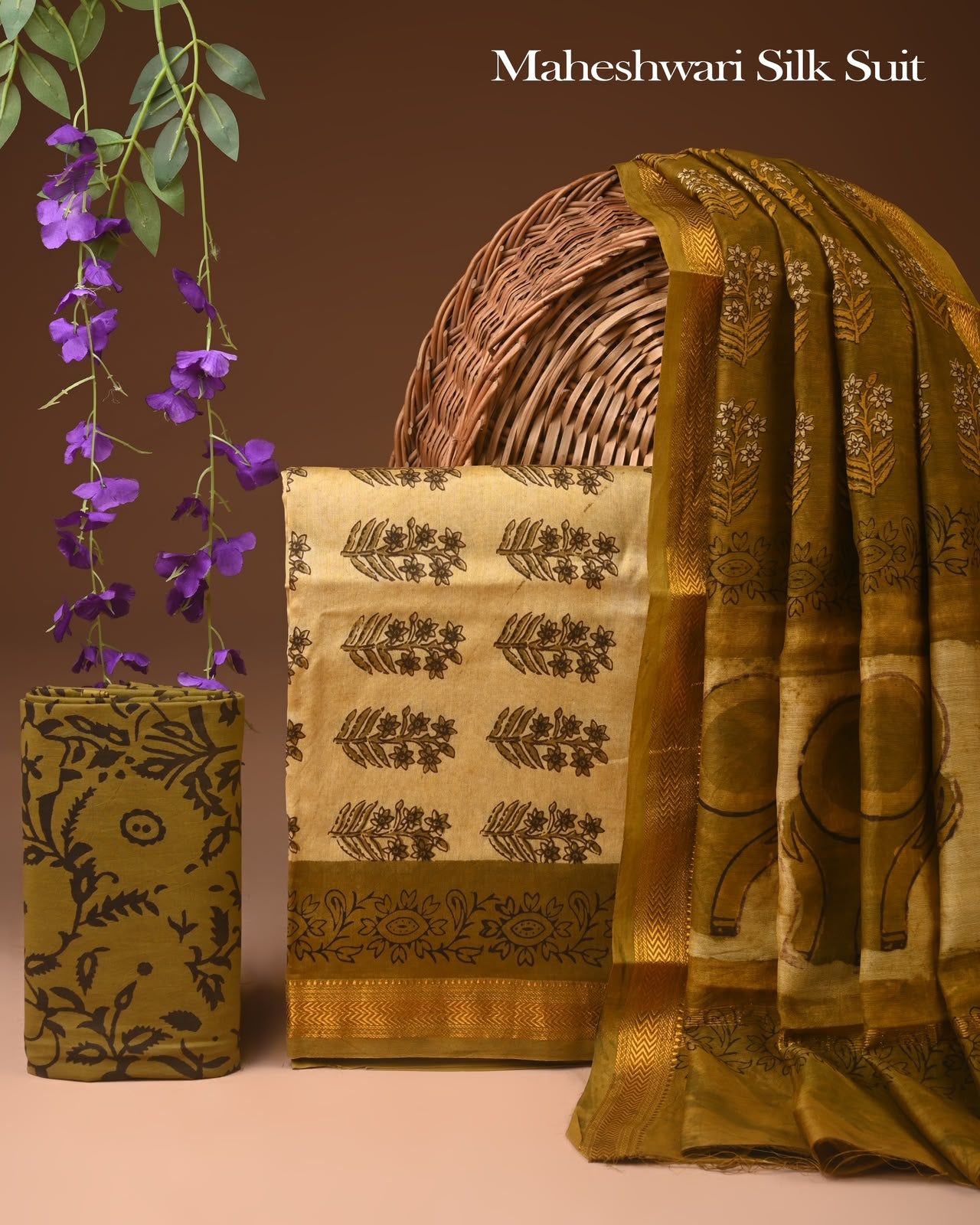 Premium Designer Handblock Printed Maheshwari Silk Suit Set